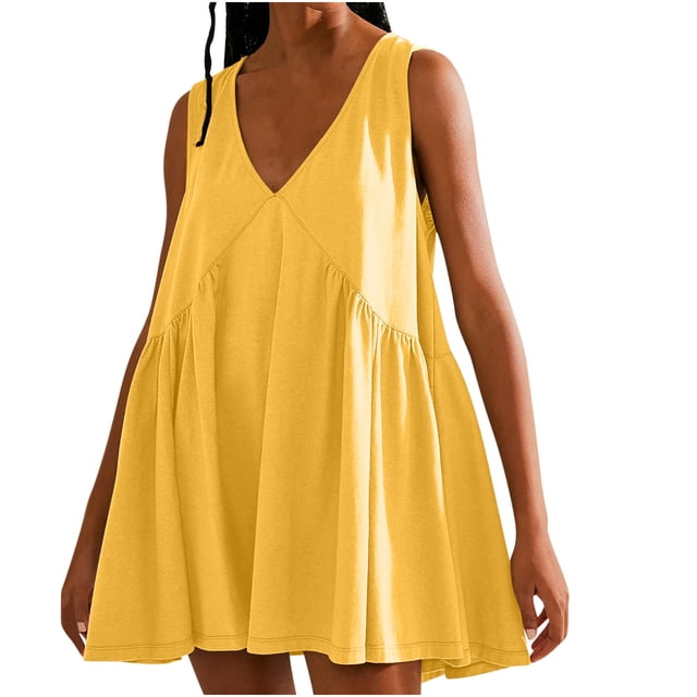 Penkiiy Robe d'Été Sans Manches pour Femme, Mini, Décontractée, Ample, Col en V, Robe Soleil Évasée Fluide de Plage avec Poche, Robes Plissées, 2TG, Jaune
