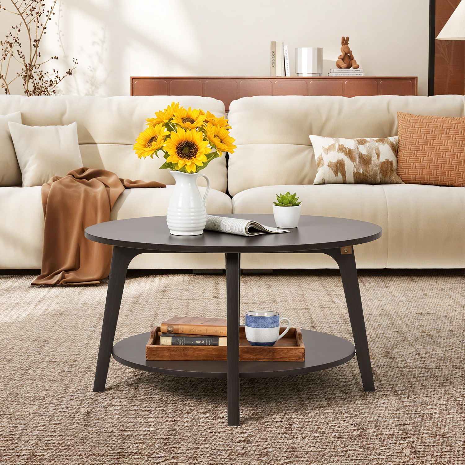 FDW Round Coffee Table with Storage and Sturdy MDF Top & Tapered Legs,Grey