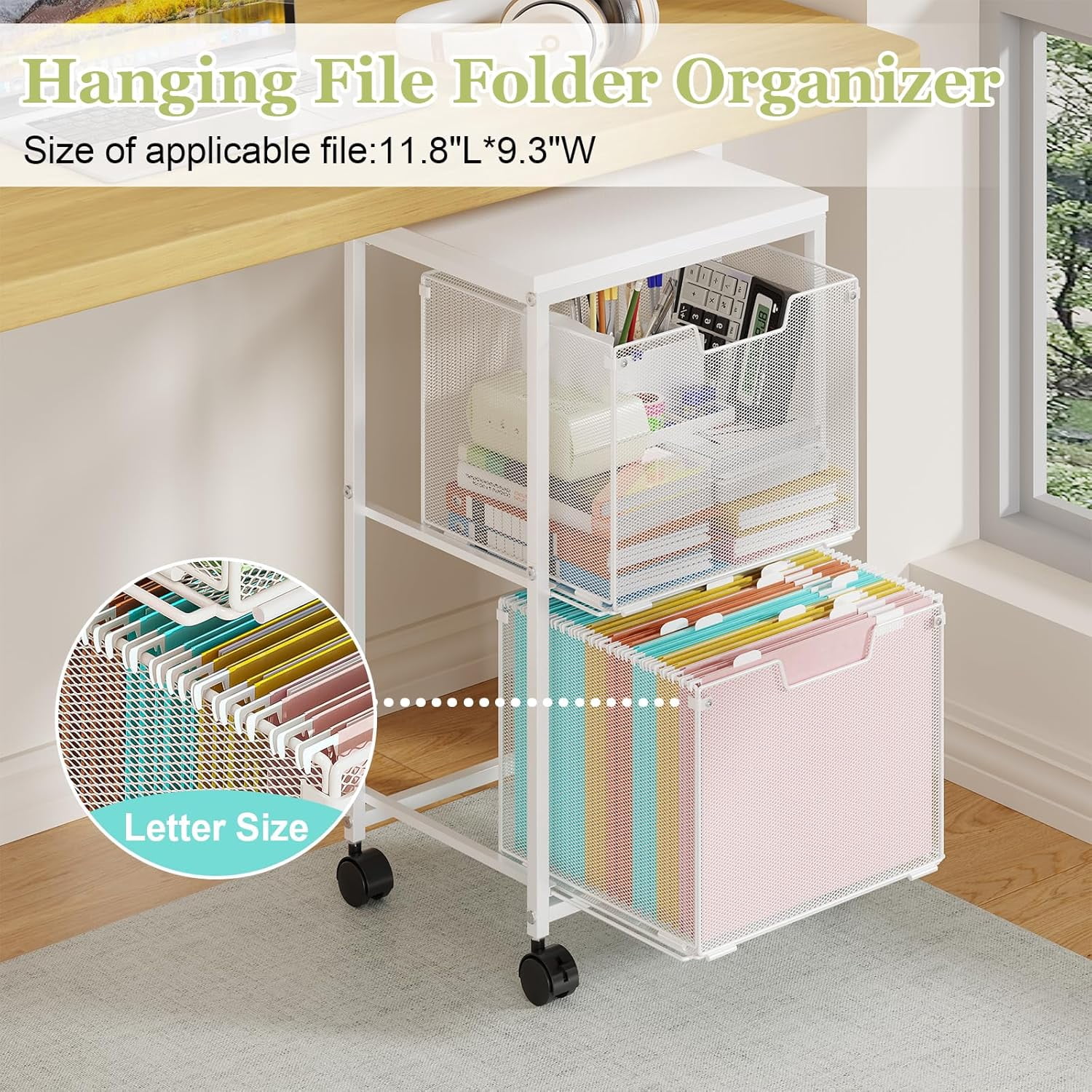 Rolling File Cart with 2 Storage Drawers,Under Desk Storage,Hanging File Folder Organizer with Wheels, Filing Cabinet Mobile Printer Stand Utility Craft Cart for Home Office,White