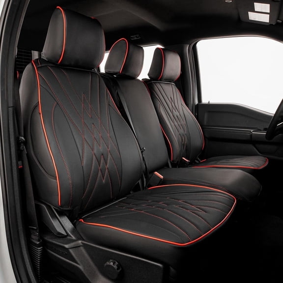 EKR Custom Fit F150 Car Seat Covers for 2021-2026 Ford F150 SuperCrew Lariat & 2023-2026 F250/F350/F450 SuperDuty CrewCab Lariat - Full set Leather (Black with Red Trim)