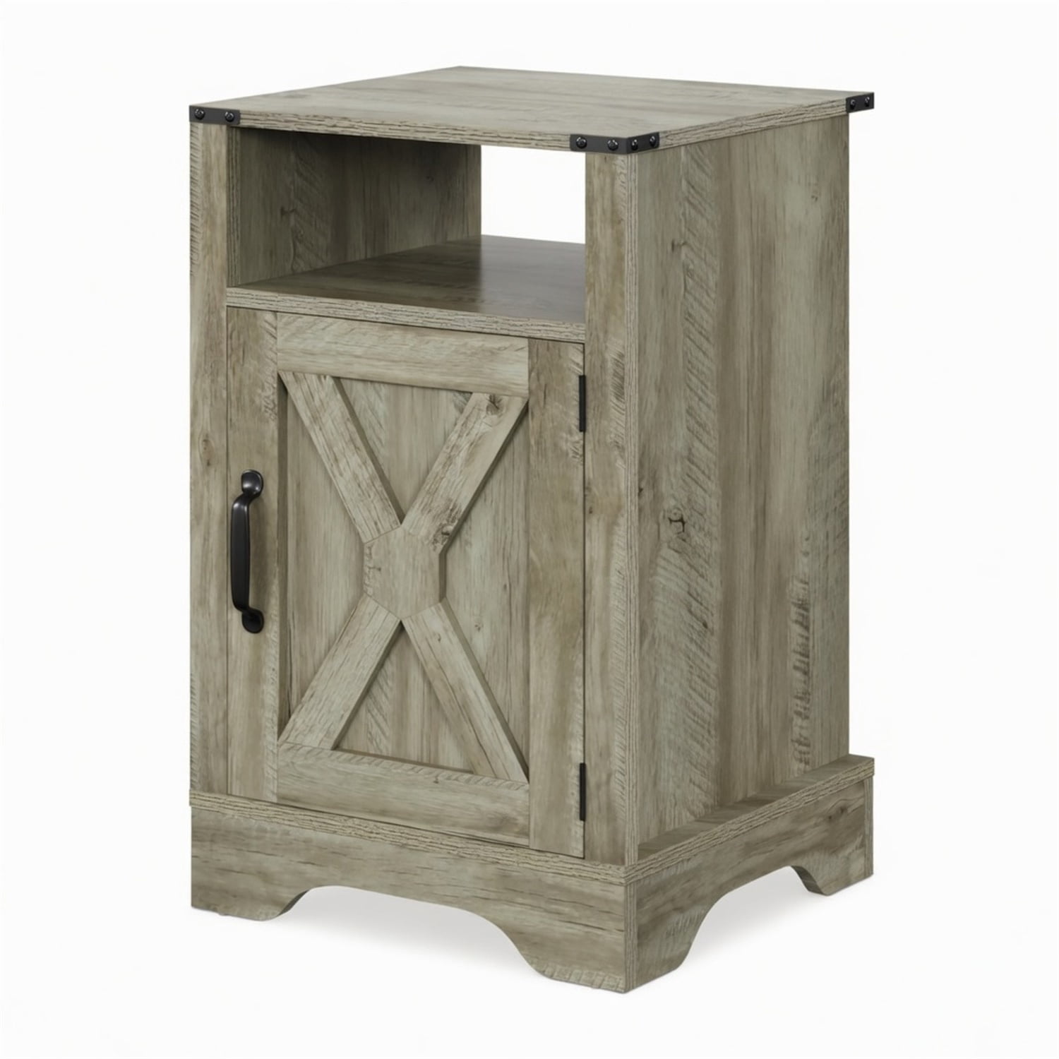 Hommoo 16"W Farmhouse Nightstand Sofa Side Table with Charging Station & Shelf Storage, Light Gray