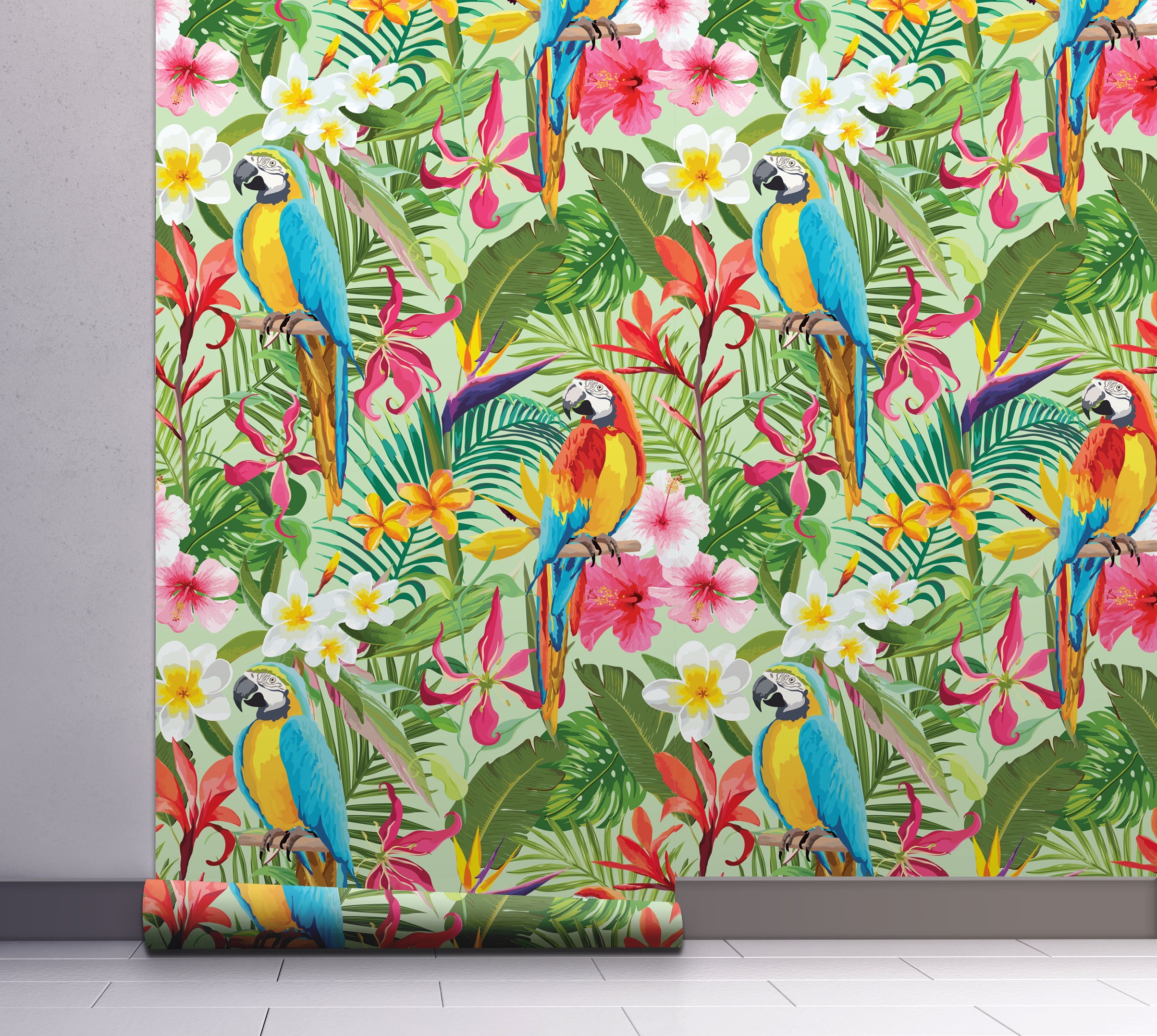 GW2111 Parrot Jungle Leaves Peel and Stick Wallpaper Roll  inch Wide x  18 ft. Long, Multicolor 
