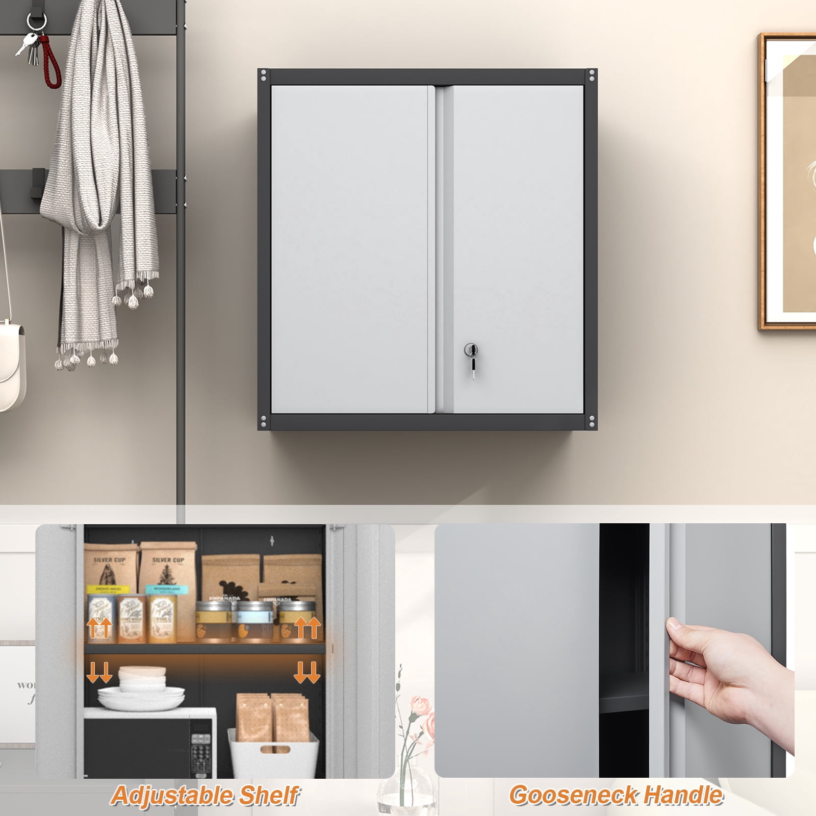 Marcree Metal Garage Wall Cabinet, 28" Wall Mount Storage Cabinets with Locking Doors and Shelf, Metal Small Storage Cabinets for Garage, Laundry Room, Kitchen, Pantry