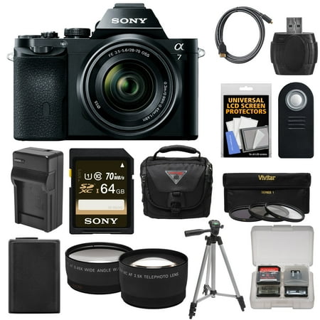 Sony Alpha A7 Digital Camera & 28-70mm FE OSS Lens with 64GB Card + Battery & Charger + Case + Tripod + Tele/Wide Lenses Kit