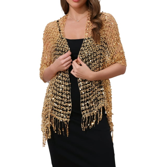 CHAL DE LENTEJUELAS INSPIRADORAS para Mujeres y Envolturas para Vestidos de Noche, Bufanda Brillante con Flecos para Fiestas de Boda, Dorado 66.9"x19.7"