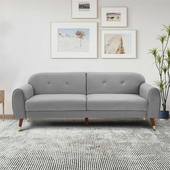 Velvet Loveseat Sofa, Modern Twin Size Button Tufted Sofa with Solid Wood Legs, Upholstered Sofa Couch with Arched Back and Detached Arms, 2 Seater Sofa for Small Apartment Living Room, Light Grey
