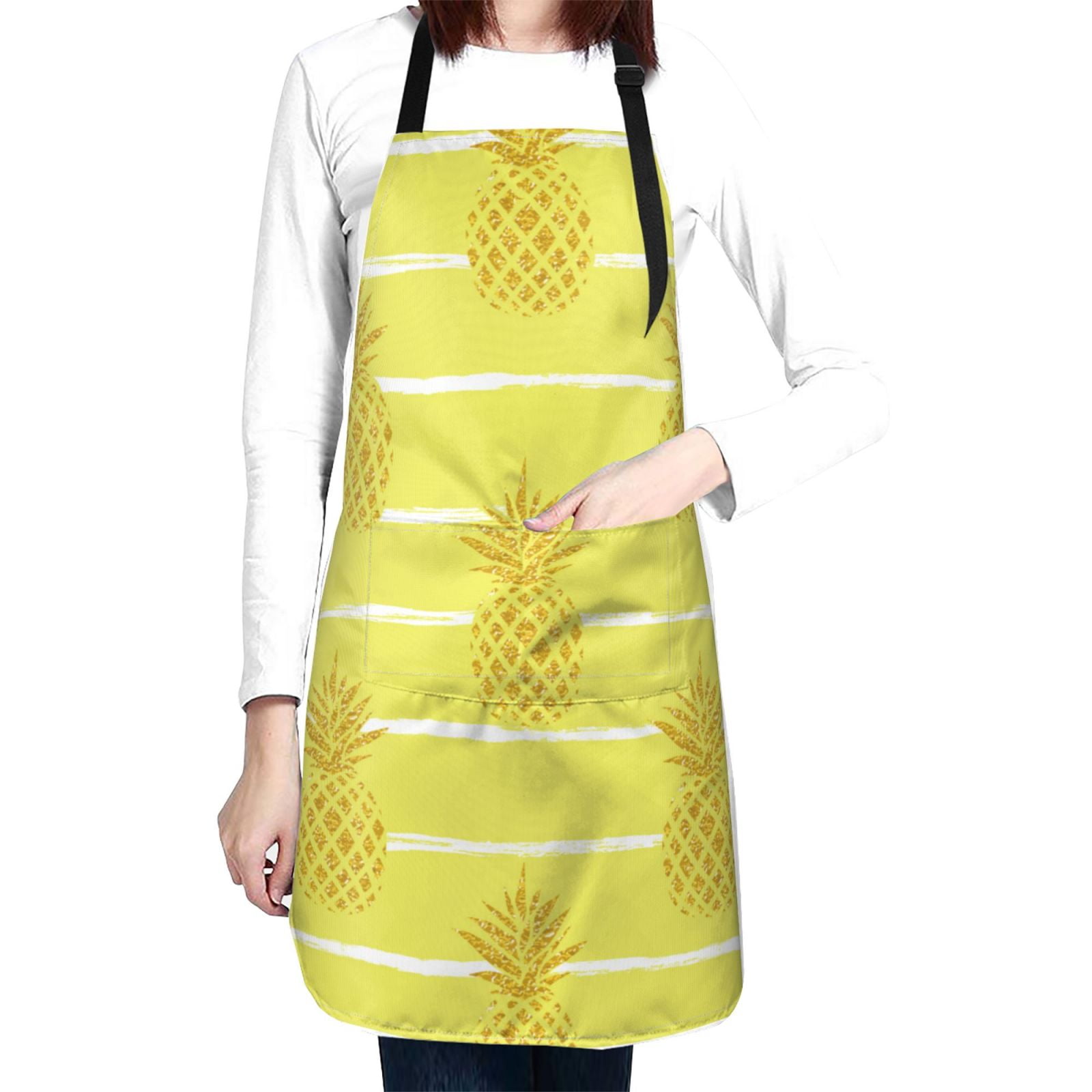 Kdxio Gold Pineapple Apron with Pockets Adjustable Kitchen Aprons for Men Women Waterproof Aprons for Cooking,Drawing,Crafting, Baking Household Cleaning