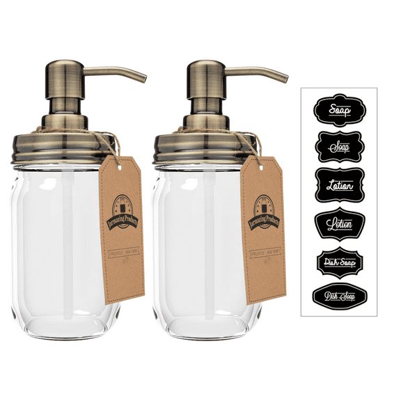 Jarmazing Products Mason Jar Soap Dispenser - Brass - With 16 Ounce Clear Mason Jar - Two Pack