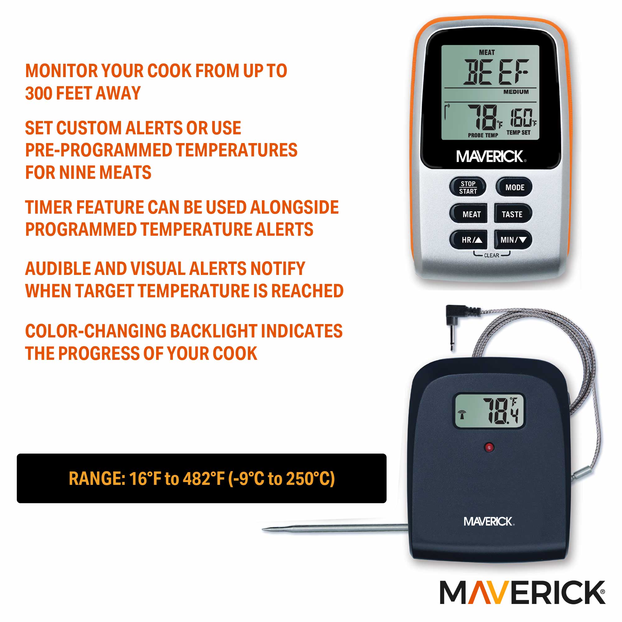 Maverick Wireless Remote Meat Thermometer, 300 ft Range, Color-Changing LCD, 9 Presets, 662°F Probe, Timer & Alerts for Grill, Smoker, Oven