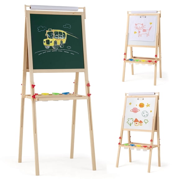 Costway 3-in-1 Art Easel for Kids with Magnetic Chalkboard & Whiteboard Paper Roll