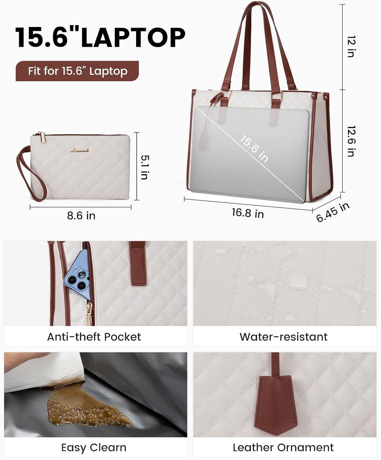 Lovevook Work Tote Bag for Women, Classic Quilted Pu Leather Handbag Purses with 15.6 in Laptop comparment and Insulated Lunch Compartment better for work lunch nurse college picnic drinks casul