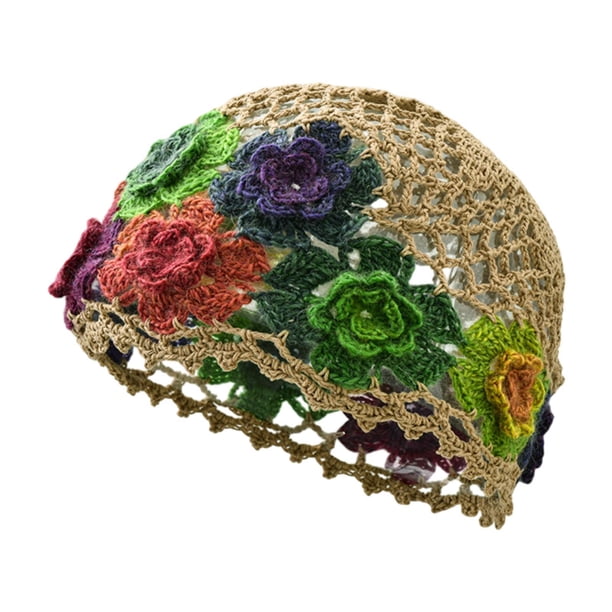 Gorro de crochet con flores, elegante gorro floral para viajes, citas, ropa de calle, playa y viajes. Caqui