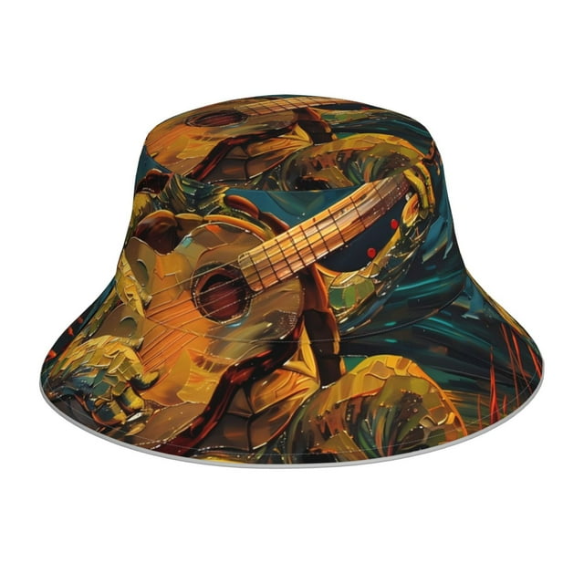 Honei Starry Night Guitar Turtle for Unisex Bucket Hat Waterproof Rain Hat Reversible Shiny Rave Bucket Hat for Concert Festival Boonie Cap
