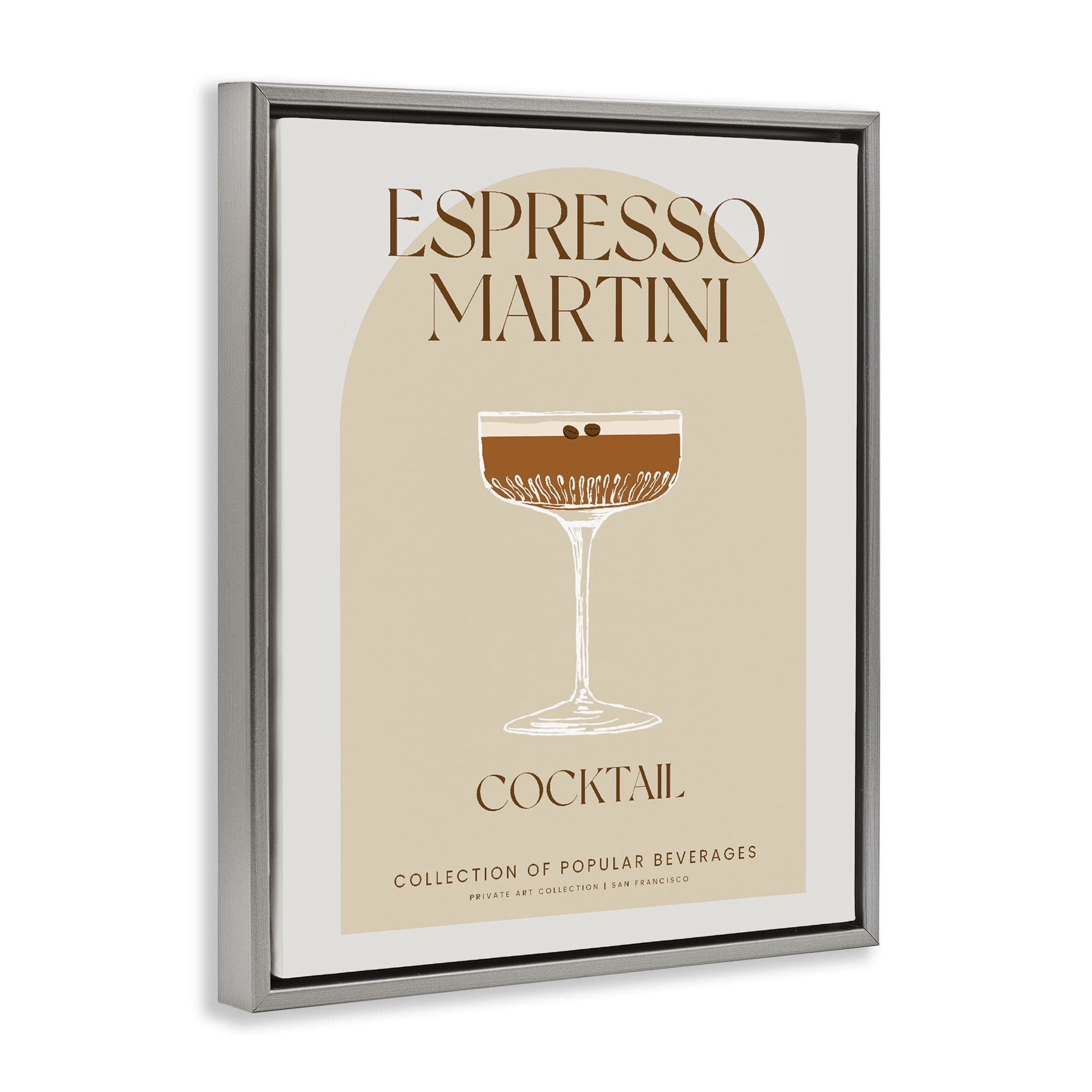 Stylish Retro Espresso Martini Gray Framed Floater Canvas Wall Art, design by Lil' Rue