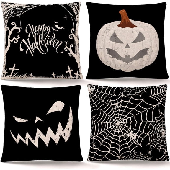 Happy Halloween Pillow Cover Pumpkin Spider Web Pillow Case Black Linen Throw Cushion Cover Cushion Cases for Home Office Halloween Sofa Bed Decoration, 18" x 18" (4Pcs)