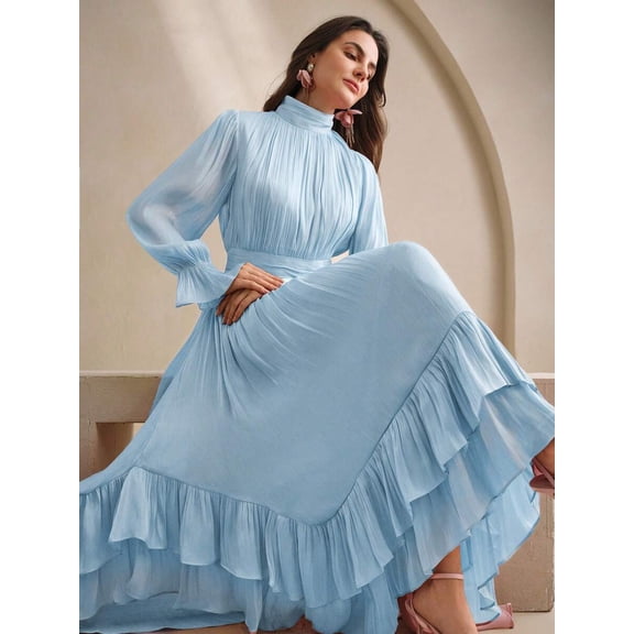 Elegant High-Neck Long Sleeve Ruffle Hem Maxi Dress In Sky Blue