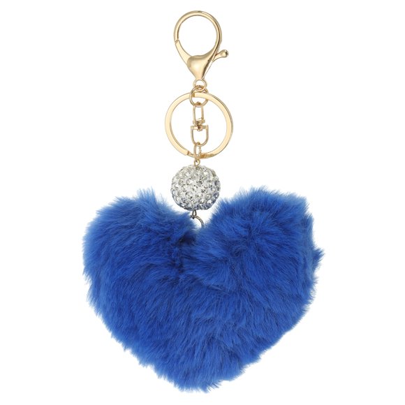 Uxcell Faux Fur Pom Pom Keychain Artificial Cute Puff Ball Keychain Heart Fluffy Charm Plush Pendant Navy Blue
