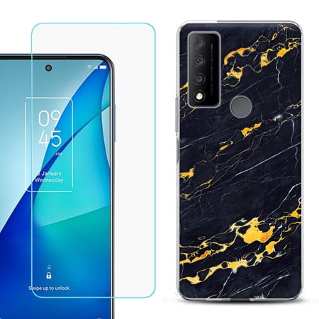 Slim-Fit Gel TPU Phone Case for TCL 4X 5G with Tempered Glass Screen Protector by OneToughShield ® - Marble / Lava