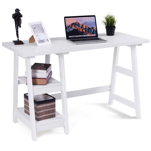 Costway Modern Trestle Desk Laptop Writing Table Shelves Computer
