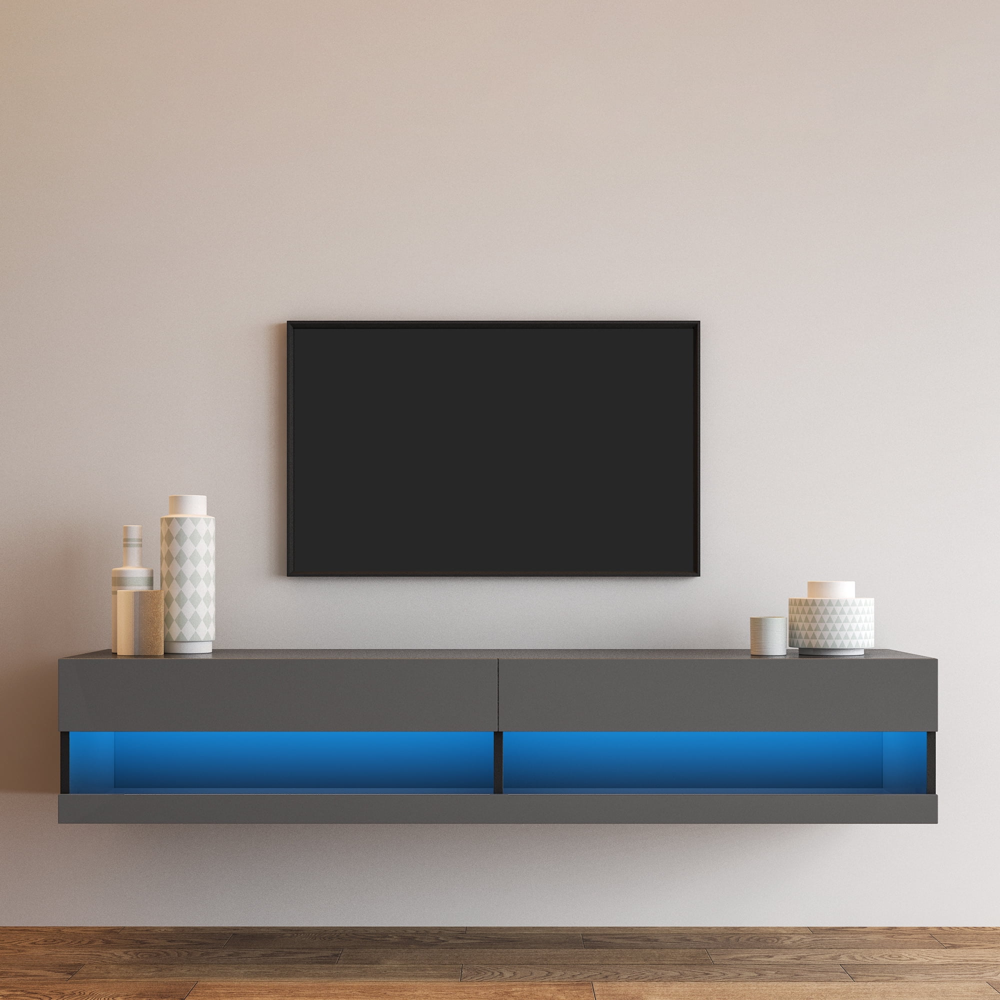 Details about   WALL MOUNTED TV STAND 20-Color LEDS Floating Shelf Black For TVs up to 80 INCH 