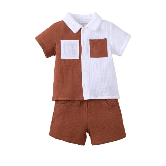 12 Months Baby Boys Clothes 18 Months Boys 2PCS Summer Outfits Set Color-blocked Toddler Boys Short Sleeve Top Shorts Set Brown