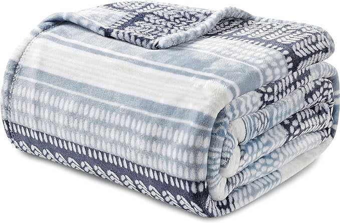 Elegant Comfort Soft Print Flannel Fleece Bed Blanket, Cozy-Fuzzy Lightweight Bedspread Coverlet, All season Decorative Blanket for Couch, Sofa, Striped Design, King Size, Anissa