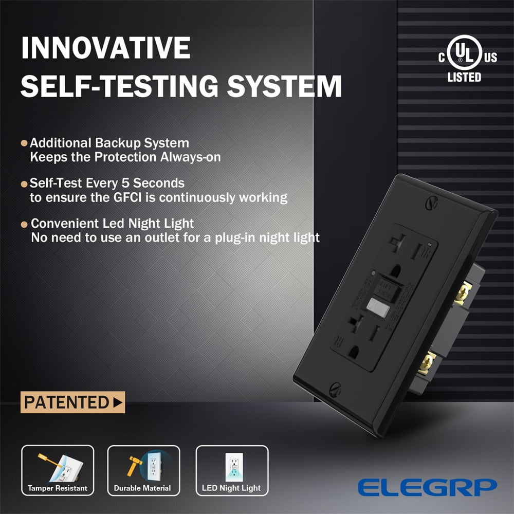 ELEGRP GFCI Outlet w/Nightlight, 20 Amp Self-Test GFI Electrical Outlet, Thinner Design, Tamper Resistant GFCI Receptacle, Ground Fault Receptacle w/Screw Wall Plate, UL Listed, Black