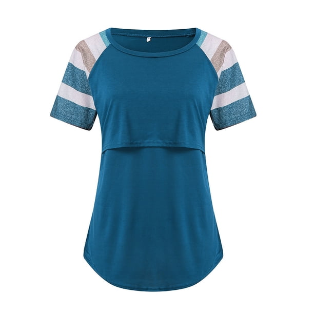 Mujeres Maternidad Embarazada Camisas Blusas Raya de Enfermería Manga Corta Cuello Redondo Blusa de Lactancia Odeerbi ODB123488
