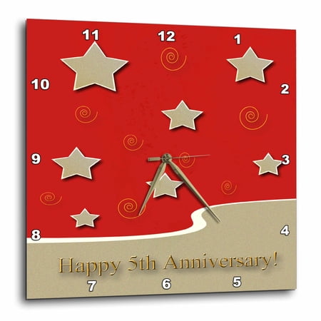 3drose Happy 5th Anniversary Gold Stars on Red Employee 13×13 Wall Clock