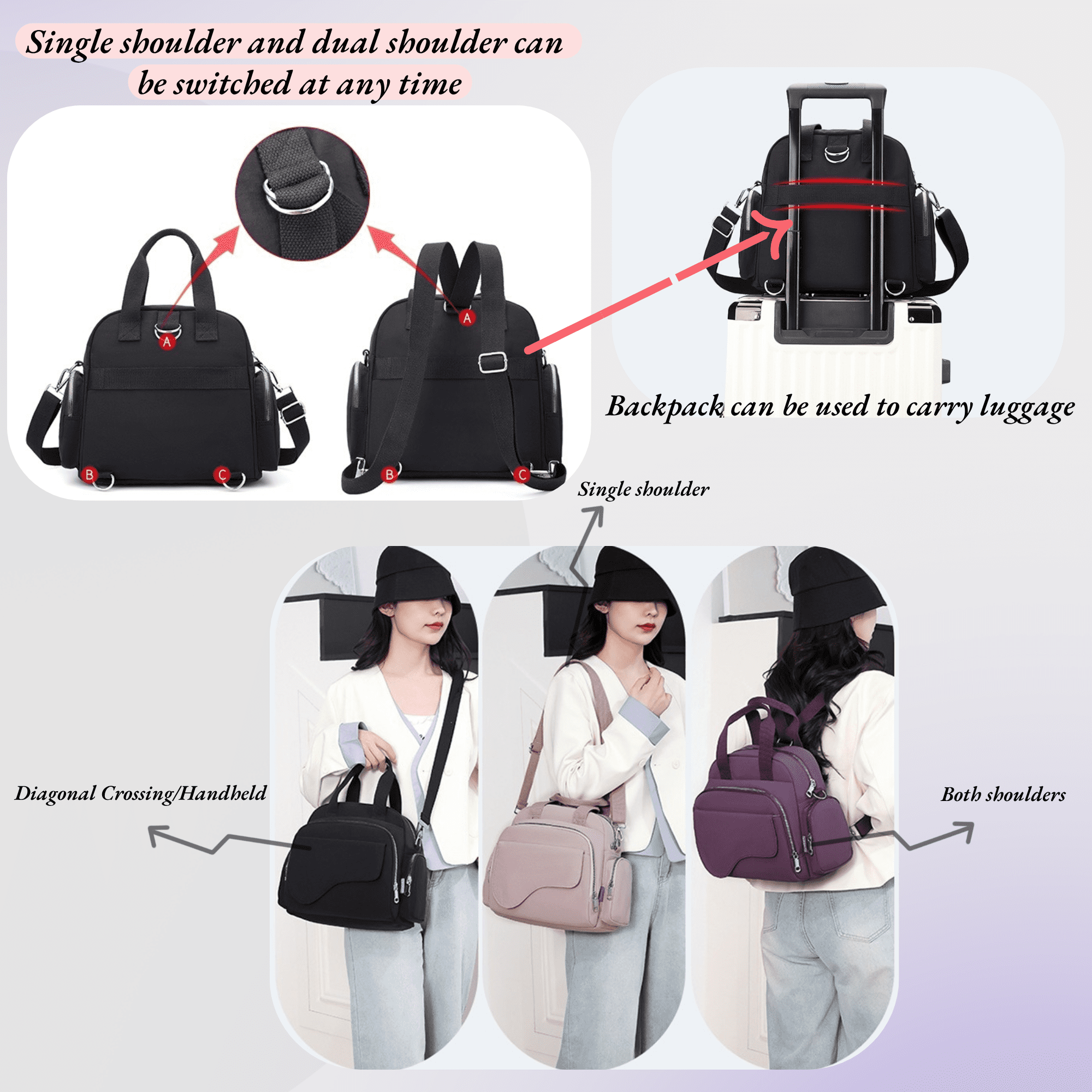 Backpack Purse for Women Fashion Crossbody Bags with Multiple Pockets, Shoulder Bags Multipurpose Design Handbag Ladies Travel Backpack, Pink