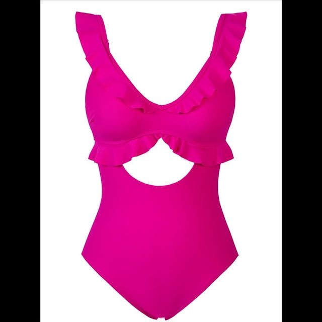 Traje de Baño de una Pieza para Mujer, con Control de Abdomen, Volantes, Escote en V, Fruncido, Corte Adelgazante. Rosa Roja M