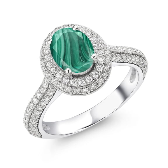 Gem Stone King 925 Sterling Silver Green Malachite and White Moissanite Ring for Women (2.64 Cttw, Oval 8X6MM, Available in Size 5, 6, 7, 8, 9)