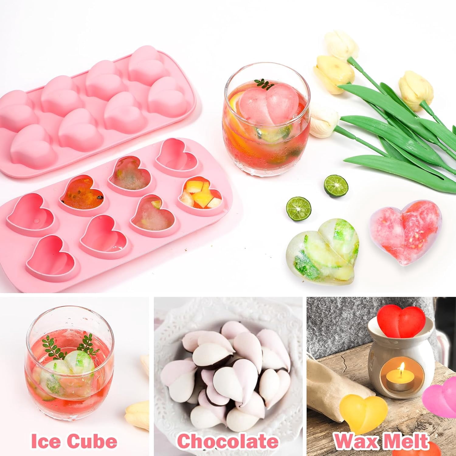 4-Pack Silicone Ice Cube Trays Set – Sphere (1.1"), Heart (10 & 8 Cavity), Star with Lid – BPA-Free, Easy Release – For Cocktails, Whiskey & Chocolate – Green/Pink/Red/Multicolor