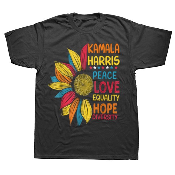 Camisetas gráficas divertidas de Kamala Harris con mensaje "Paz, Amor, Igualdad" para hombres y mujeres, camisetas casuales de moda, camisetas holgadas de algodón de gran tamaño.
