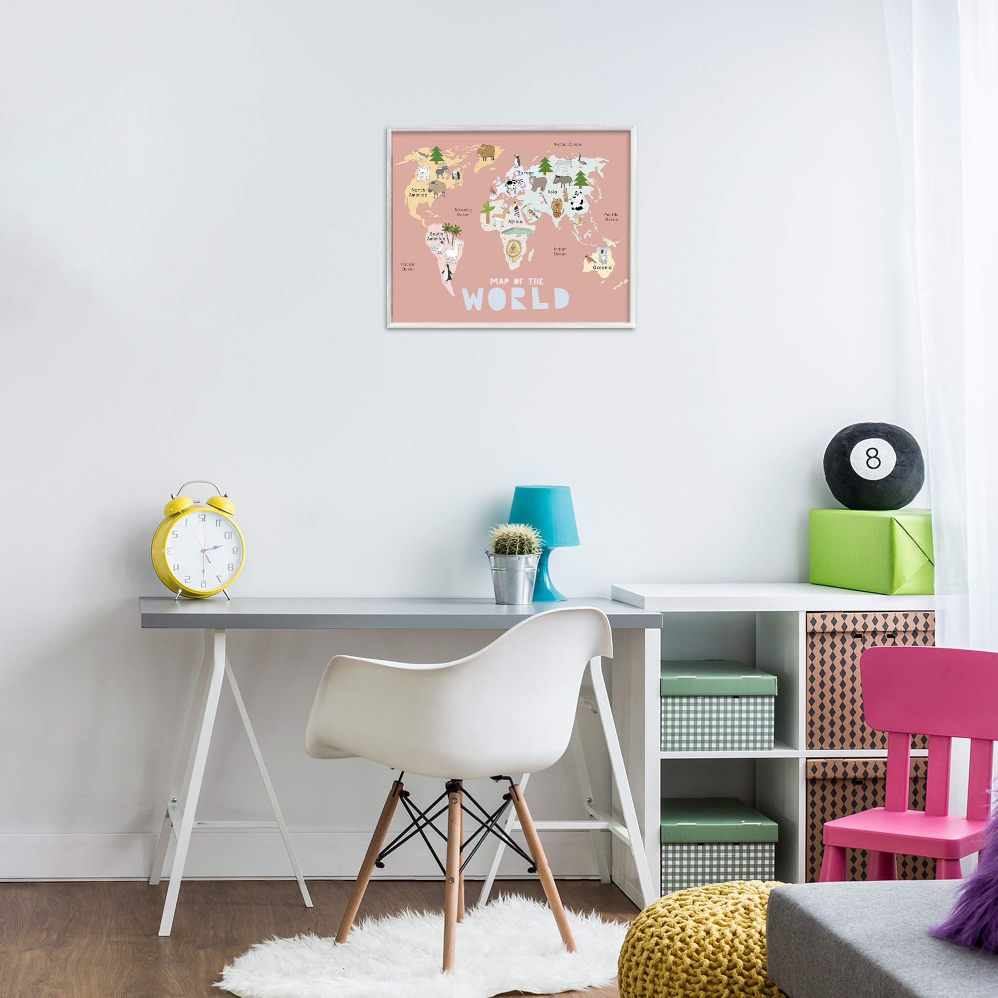 Kid's Map Of World Pink White Framed Giclee Art, design by Carla Daly