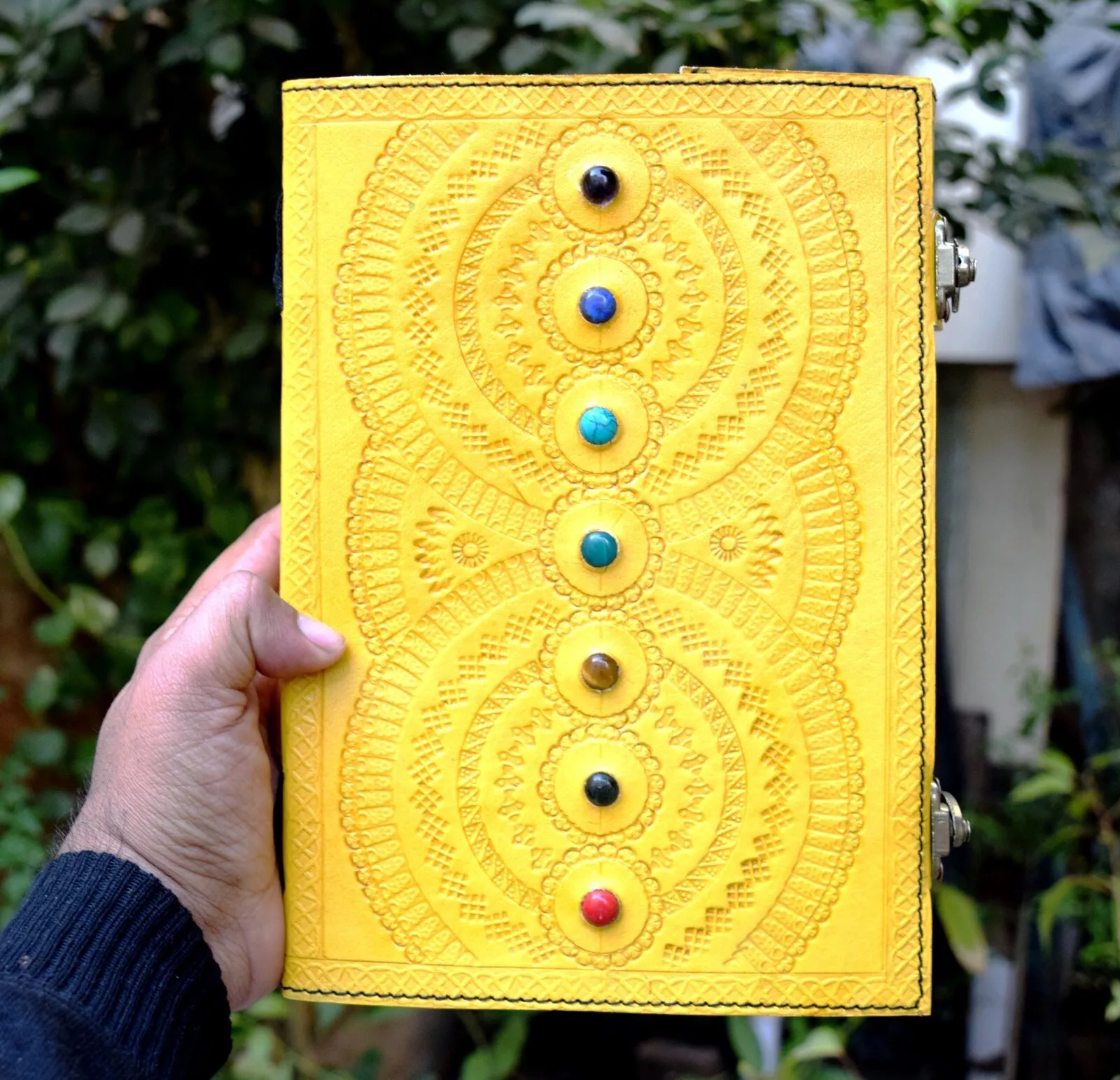 Handcrafted Embossed Design Vintage Leather Bound Journal Seven Stone Grimoire Yellow Diary Blank Notebook For Men & Women
