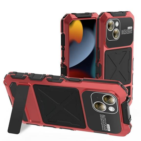 ELEHOLD Heavy Duty Case for iPhone 15 Plus,Rugged Military Grade Shockproof Case,with Screen Protector Built-in Hidden Foldable Kickstand Metal Back Cover Case for iPhone 15 Plus 6.7" - Red