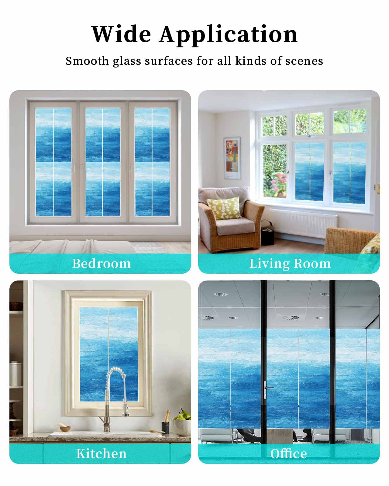 Window Privacy Film Blue Summer Ocean Stained Glass Window Film Decorative Sun Block Window Cover Modern Abstract Coastal Wave Window Clings Static Adhesive Sticker for Bathroom 23.6"x59"
