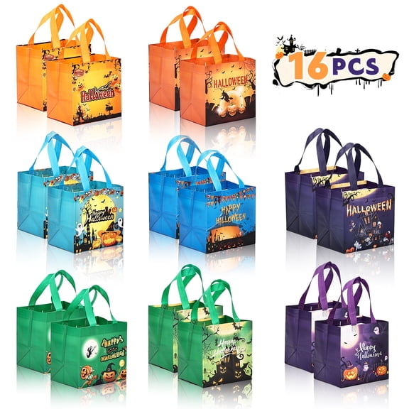 Amaopus 16 Packs Halloween Trick or Treat Bags, Tote Bags with Handles, Reusable Non-Woven Gift Bags for Gifts Wrapping, Party Supplies, 8.26*7.8*5.9inch