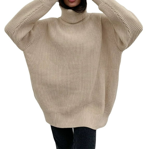 BEAFNKSG Women Turtleneck Knitted Sweaters Loose Long Sleeve Ribbed Knitted Tops Fall Winter Sweaters