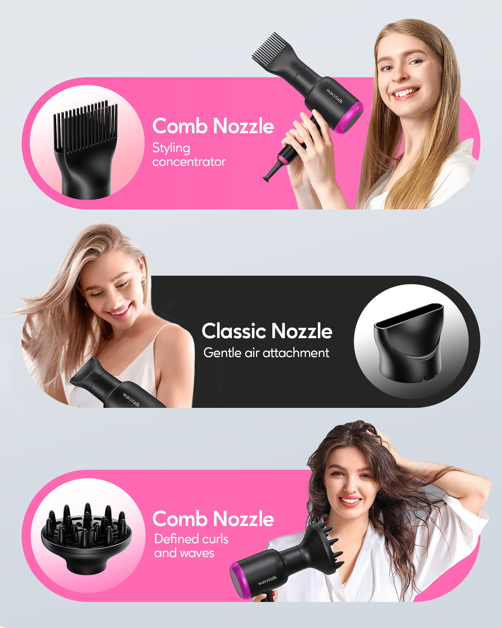 Wavytalk Ionic Hair Dryer, 1875W Blow Dryer with Diffuser for Curly Hair Quiet Compact Design, Black