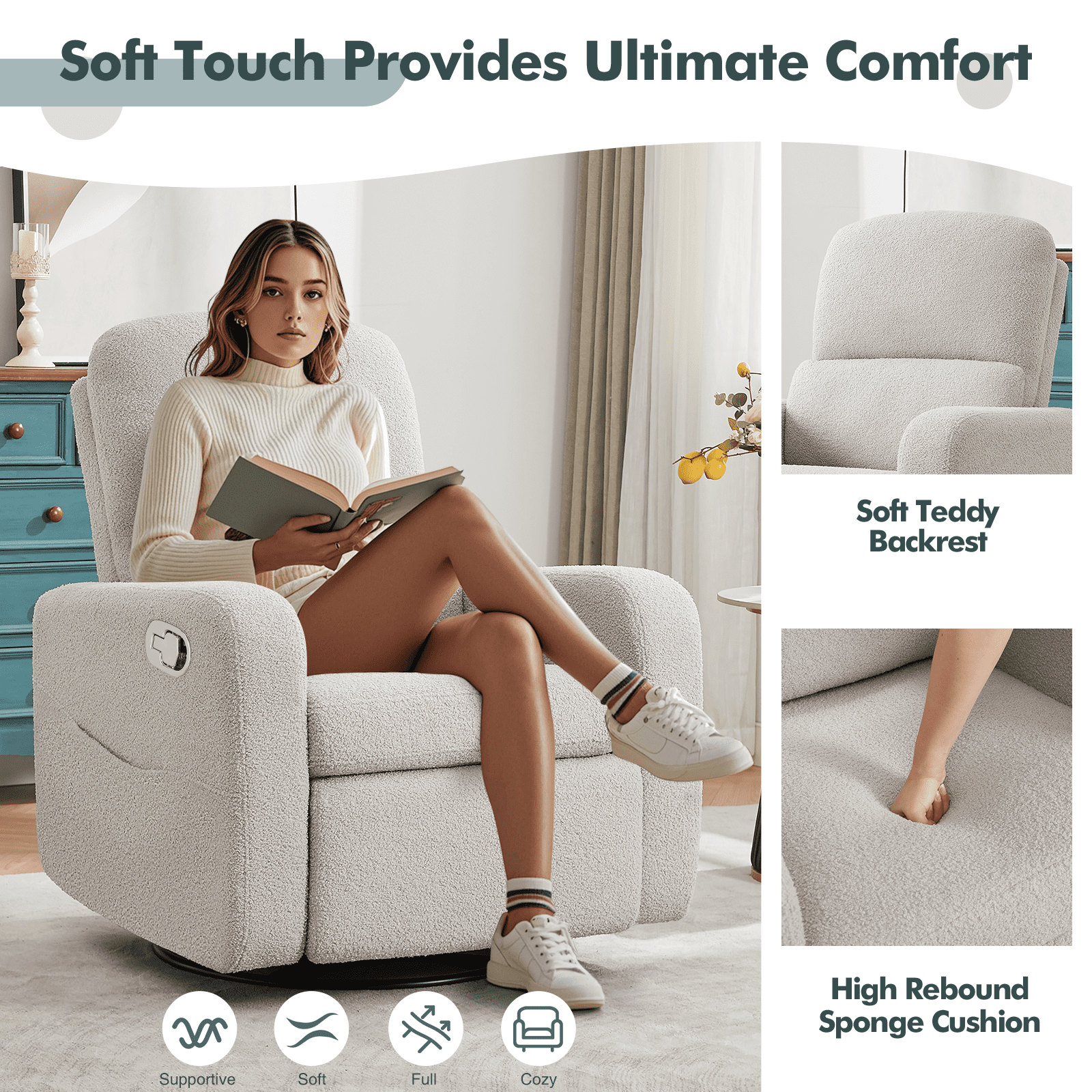 Aemeios Swivel Manual Recliner Chair Teddy Fabric Nursery Glider Rocker Recliner, Gray