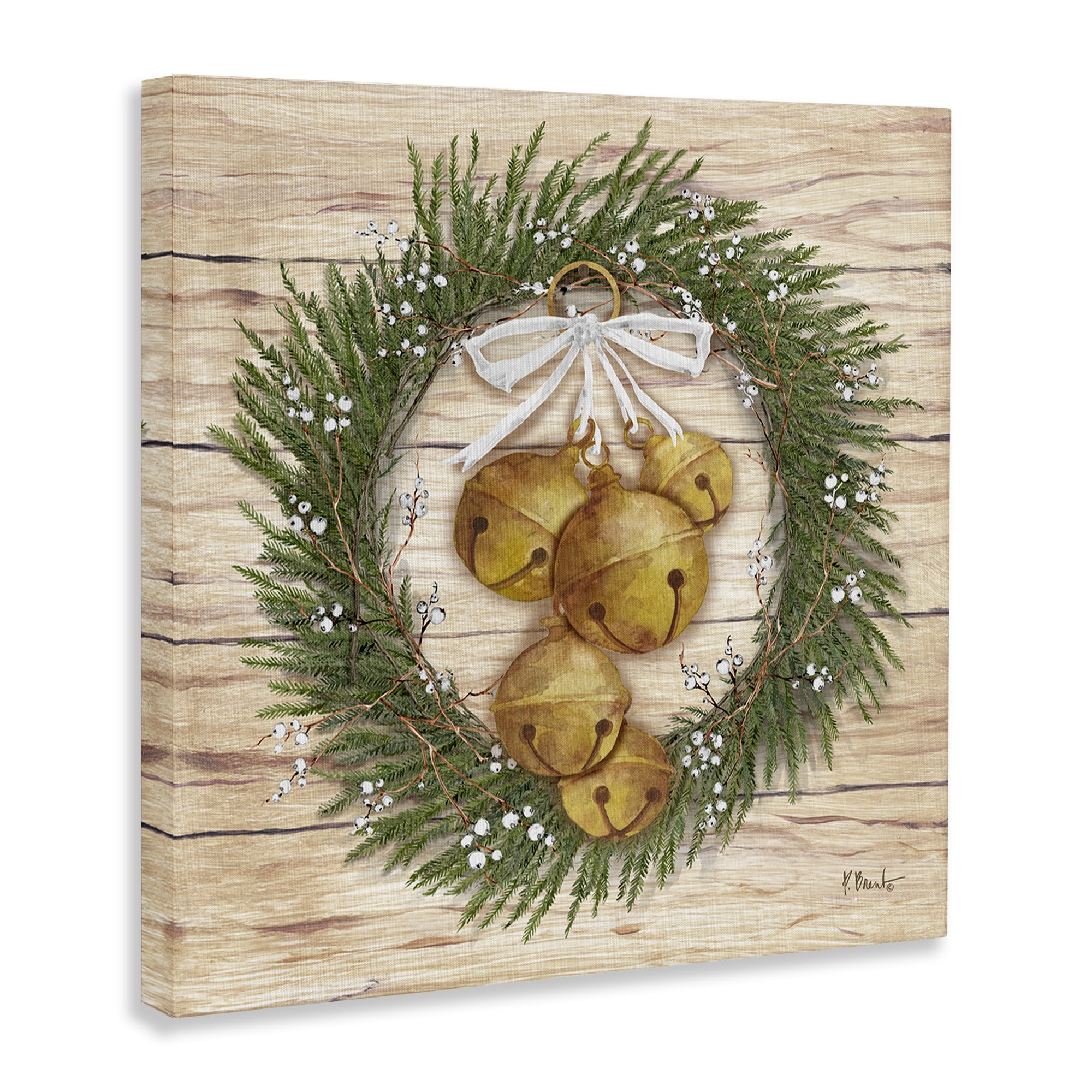 Stupell Industries Winter Bells Wreath Holiday Painting Wrapped Canvas Art Print Wall Art, 17 x 17