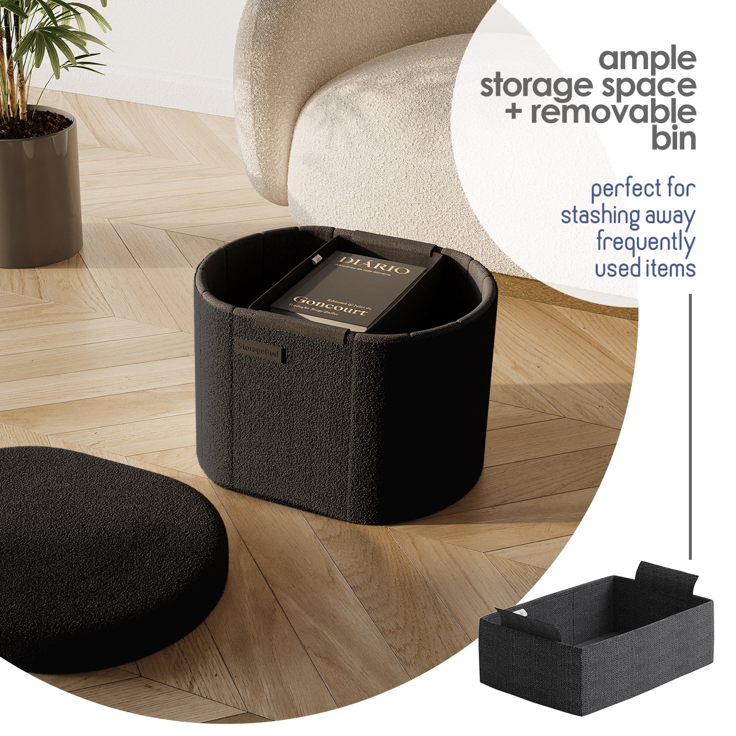 Hearth & Harbor Oval Storage Ottoman Bench, Boucle 18" Ottoman with Storage , Black