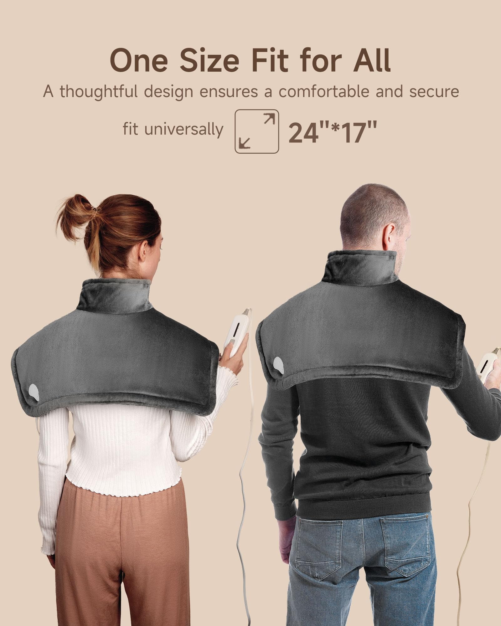 Heating Pad for Neck and Shoulders Pain Relief Cramps ALLJOY, 25"x18" Skin-Friendly Heated Neck Wrap 3 Fast Heat Setting with Auto Shut Off for Home and Office, Machine Washable, Gray