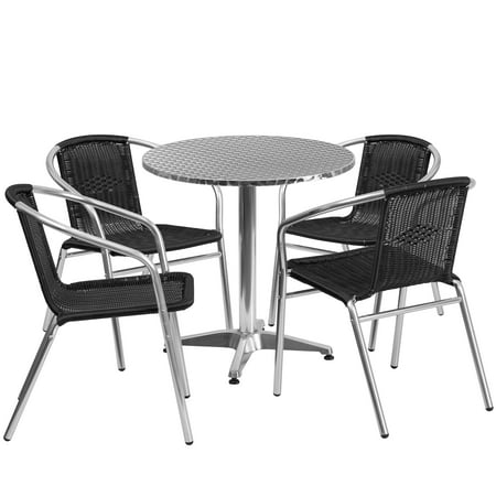

Flash Furniture Lila 27.5 Round Aluminum Indoor-Outdoor Table Set with 4 Black Rattan Chairs
