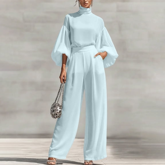 Cagogo Women Plus Size High Neck Puff Sleeve Blouse Wide Leg Pants Two Piece Set Solid Elegant Casual Matching Lounge Sets Loose Comfy Outfits Travel Airport Clothes, Blue 2XL