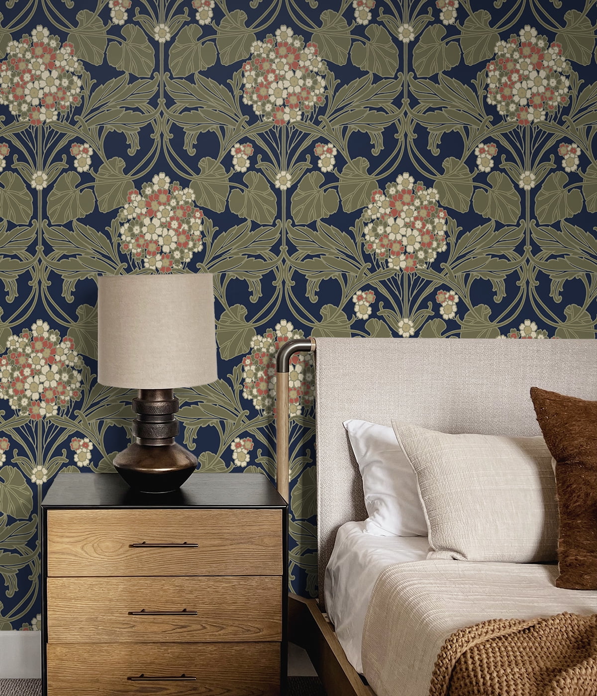 NextWall Dark Blue & Terra Cotta Hydrangea Floral Peel and Stick Wallpaper - 20.9 in. W x 18 ft. L Roll