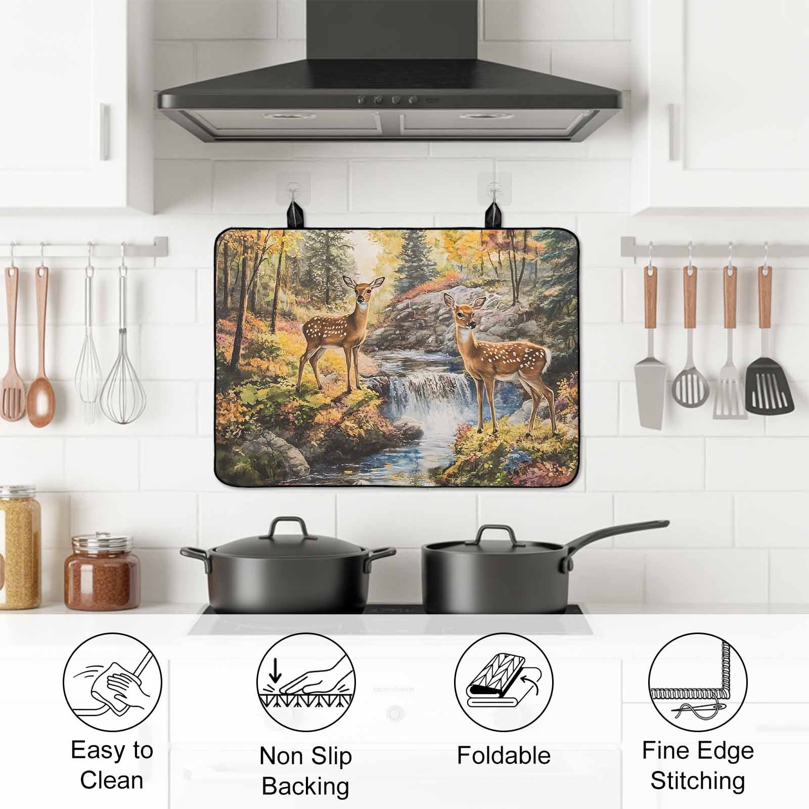 Autumn Forest Deer Stove Top Cover for Electric Stove, Heat-proof & Non Slip Glass Top Stove Cover Protector, Elk River Mountain Kitchen Flat Cooktop Rubber Mat 24x21 Inches