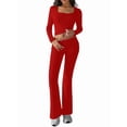 thumbnail image 3 of 2 Piece Square Neck Lounge Set Womens Wide Leg Pants Slightly Crop Top Sweatsuit Sets Red L, 3 of 9